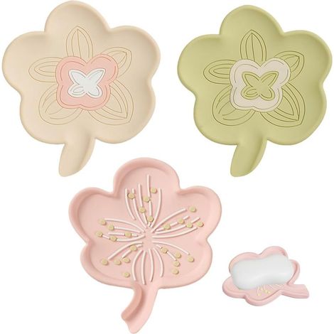 3 Pièces Porte Savon en Silicone avec Évacuation,Boite Savon Antidérapant,Repose Savon Porte Savonnier Portable Floral,Convient pour Salle de Bain Cuisine(Beige Grün Rosa) (1/5)