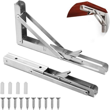 [JAMAIS UTILISÉ]2pcs Équerre Pliante 25cm/10in, Support d' Étagères Pliants en Acier Inoxydable, Equerre Etagères, Lits et Meubles, Charge : 120kg max, Bras Court (1/5)