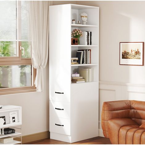 Libreria stretta alta 180 cm con 3 cassetti laterali e ripiani regolabili, bianca OKWISH (1/5)
