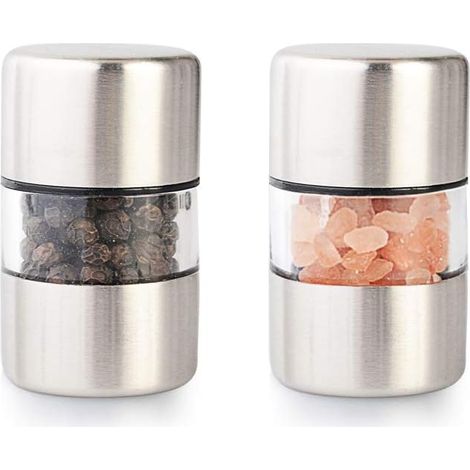 Moulin à sel et poivre premium - Ensemble de broyeurs à épices en acier inoxydable brossé, mini salière et poivrière en céramique portables (Lot de 2) (1/5)