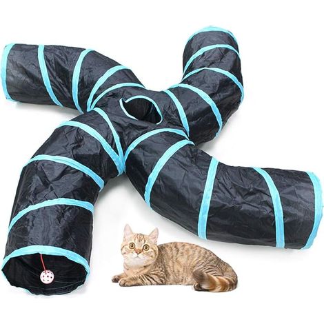 Road Tunnel pour Chat, 2 Voies/3 Voies/4 Voies/5 Voies Tubes de Tunnels Pliable Jouet Labyrinthe interactif pour Petits Animaux, Petit Lapin,Chaton, Chiot,Furet,cochons d’ Inde (4 Voies) (1/5)