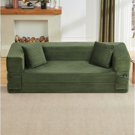 Canapé convertible vert en mousse avec revêtement effet corduroy (1/5)
