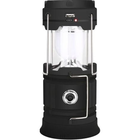 Lampe LED rechargeable solaire et USB, torche camping puissante, 2 modes, éclairage jardin portable, suspension 360°, noir, lampe extérieure robuste (1/3)