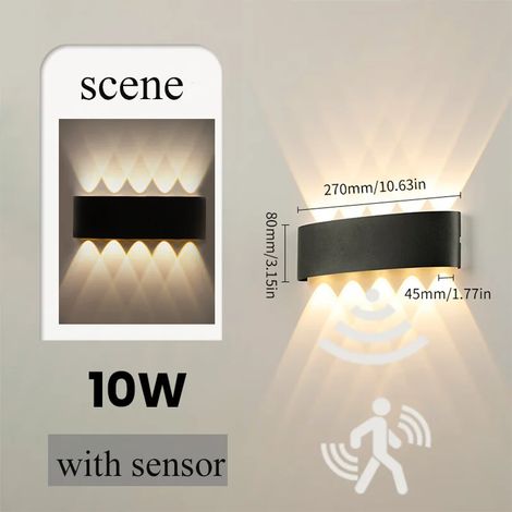 (Blanc froid - 10 W avec capteur) Applique murale LED extérieure étanche IP66, lampe murale intérieure minimaliste et créative pour chambre à coucher (1/5)