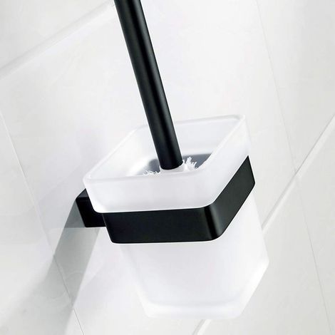 Porte Brosse Toilettes et Support en Verre Brosse à Toilette Murale en Acier Inoxydable 304 Finition satinée Noire pour Salle de Bains(Brosse Inclus) (1/4)