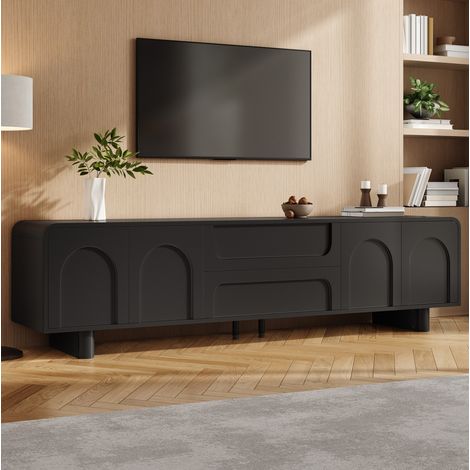 Mueble para TV (180x40x46 cm), con puertas decorativas arqueadas, cajones centrales, MDF y tablero de partículas negro (1/5)