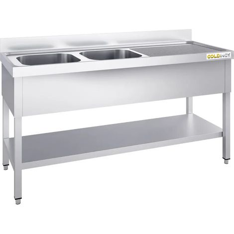 Plonge inox 1400x700mm avec 2 bacs à gauche et égouttoir à droite PREMIUM - GOLDINOX (1/4)