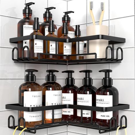 2 Pièces - Étagère De Douche - Étagère D&39angle - Rangement Salle De Bain Sans Perçage - Métal Noir Pour Carrelage Et Verre - 90 Degrés