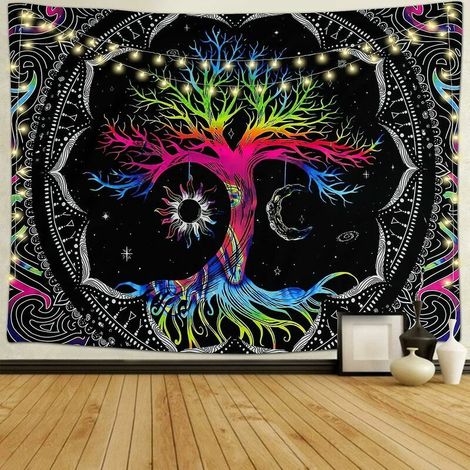 Arbre de Vie Tapisserie Murale Psychédélique Mandala Soleil Lune Tapisserie Noir Galaxie Étoile Tenture Murale Bohème Esthétique Chambre Décor À La Maison 130150cm- (1/5)