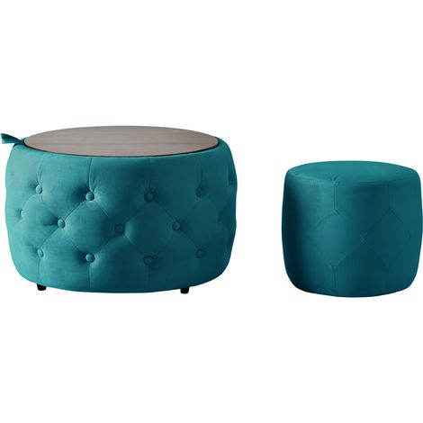 Set de 2 pufs nido con almacenamiento, terciopelo azul, bandeja de madera, 60 x 60 x 38 cm (1/5)