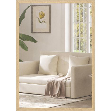 Miroir Mural Rectangulaire 40x60 cm en Verre et MDF Couleur Bois avec Crochets pour Salle de Bain et Chambre (1/5)