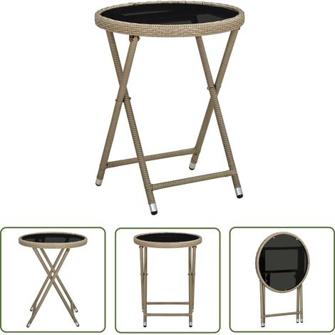 The Living Store Table à thé Beige 60 cm Résine tressée et verre trempé - Table Basse Jardin - Table À Thé Pliante - Mobilier De Jardin - Table Extérieure - Table En Résine Tressée (1/5)