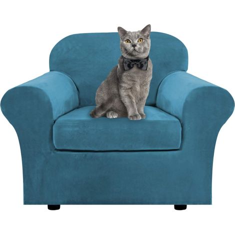 Soft stretch velvet sofa cover with separate cushion covers for 1, 2, 3 seater sofas with anti-slip strap for living room, bedroom (blue, 1 seater) (1/5)