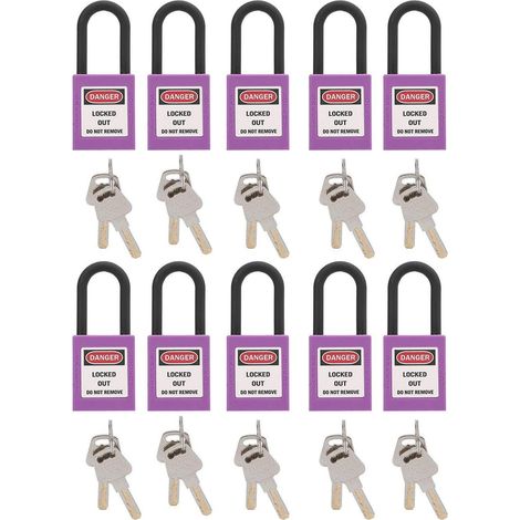 Lockout Tagout Vorhängeschlösser 10er Set, Sicherheitsvorhängeschloss mit 2 Schlüsseln, lila