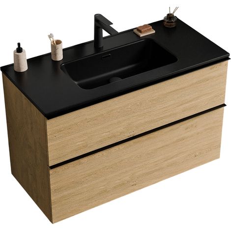 Waschtischunterschrank Bernstein LAVOA 80 cm mit Waschbecken - Badmöbelfarbe Eiche Honiggold, Waschbecken Schwarz matt, Griff Anthrazit matt