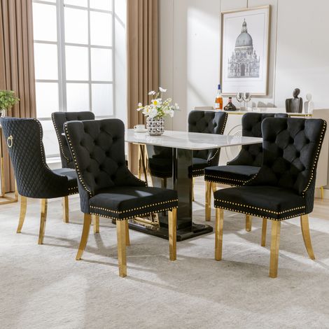 Ensemble de chaises de salle à manger, chaise de cuisine, chaise de salon, Pieds en acier inoxydable doré, velours, noir, 6 Pcs (1/5)