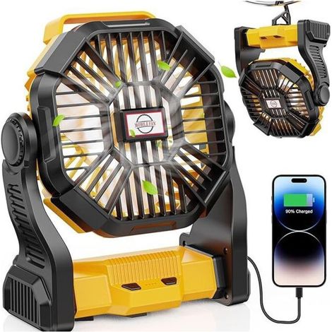 Tragbarer, wiederaufladbarer Ventilator mit 10.400 mAh Akku, LED-Laterne, USB-Anschluss, ideal für Reisen, Schlafzimmer, Camping, Büro, Strand und Angeln (gelb)