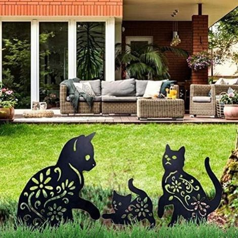 Gartendekoration mit Katzenmotiven aus Metall, 3-teiliges Set, Katzen-Silhouette, schwarz