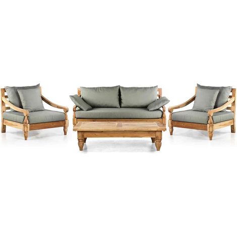 Salotto da giardino in teak naturale con cuscini grigi - Bagon (1/5)