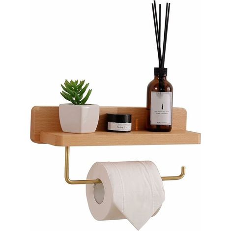 Porte Papier Toilette Double Installation Bois Massif Hêtre Dérouleur Support Papier WC Mural Auto-adhésif Coins Arrondis Porte Rouleau de Papier Décor pour la Salle de Bain Cuisine (Hêtre,)-Le long p (1/5)