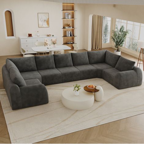 Sofá 411x200x85 cm, asiento de espuma de alta elasticidad, cómodo, tejido de chenilla, gris oscuro (1/5)