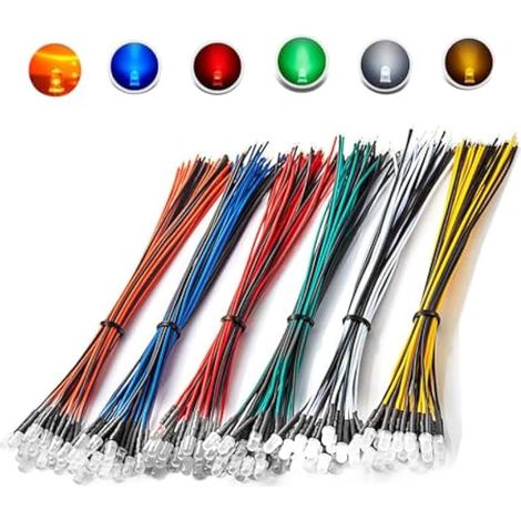 90 Pièces 5mm 12V Diode LED Pré-Câblée Lumière, 6 Couleurs DC 12 Volt Blanc, Rouge, Jaune, Vert, Bleu, Orange, Transparente Ronde Diodes Électroluminescente (1/5)