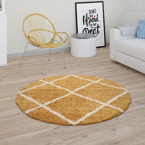 Paco Home Tappeto per soggiorno a pelo alto shaggy design scandinavo con motivo a rombi, moderno in giallo Ø 120 cm tondo