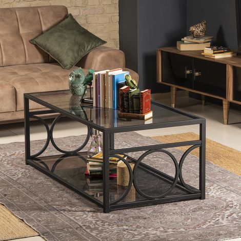 Table basse fredericas métallique et verre tempéré (noir)