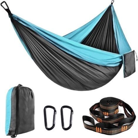 QORVA-Hamac de Camping Portable Hamac Ultra Léger Nylon Parachute Hamac avec Deux Sangles d'arbre, 200 kg Capacité de charge (270 x 140 cm) pour Jardin Exterieur Voyage Randonnée Camping, bleu gris