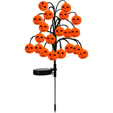 Guirnalda de luces solares con forma de calabaza de Halloween, con esqueleto y ojos redondos, resistente al agua, para plantar en el jardín, decorar la entrada y el patio durante las fiestas. (1/5)