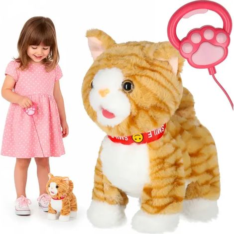 Chat en peluche interactif avec laisse, qui marche, miaule et chante, pour enfants de 3 ans et plus, beige