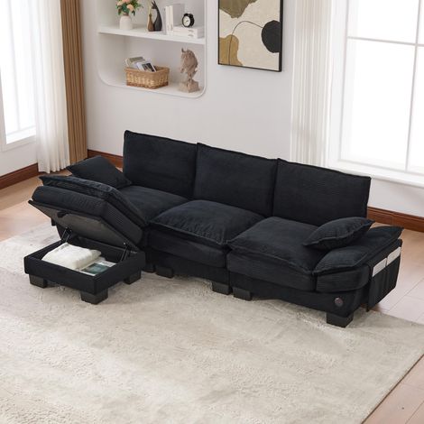 Canapé modulable 3 places en velours côtelé (avec 1 pouf) – assise large, design ergonomique, rembourrage en mousse haute densité, port USB-C et poches latérales. Idéal pour le salon, le bureau ou la