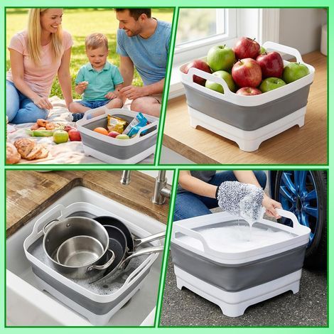 Foldable Basin with Drain Plug and Carry Handles for Home Camping Caravan Food Washing Clothes (2, White/Grey) (1/2)