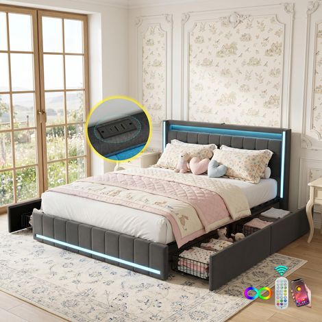 Lit adulte 140x190 cm avec 4 tiroirs, Lit double tissu lin scandinave - ports USB et Type-C, éclairée LED, sommiers à lattes - Gris