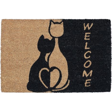 Paillasson en fibre de coco, 60 x 40 cm, avec motif de chat et inscription « Welcome », dos en caoutchouc antidérapant, adapté à un usage intérieur et extérieur, naturel/noir. (1/5)