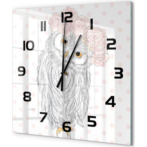 Grande Horloge Murale Carrée Originale Verre Trempé Décoration Maison Moderne Hibou dans une couronne 60x60 cm (1/5)