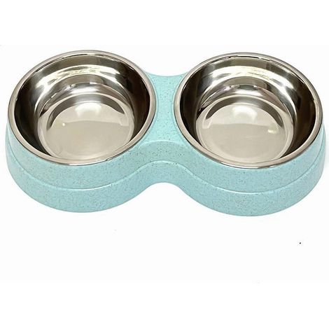 Futterautomat aus Edelstahl mit Doppelnapf-Design, geeignet für kleine Hunde und Katzen, rutschfester Boden und auslaufsichere Konstruktion, leicht zu reinigen, blau. (1/2)