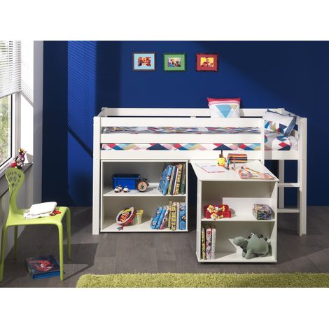 Lit surélevé + bibliothèque 2 niches + bureau blanc - PINO (1/5)