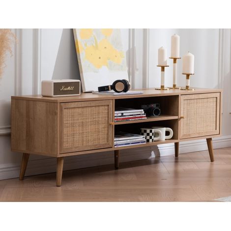 Meuble TV chêne sonoma 2 portes avec rotin – Style minimaliste – Rangement astucieux pour salon – Dimensions optimisées (1/5)