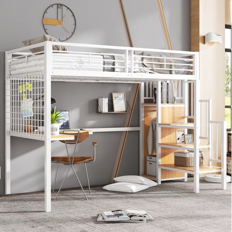 MEUBLIV Hochbett 90x200 cm Weiß+Natur – mit Kleiderschrank, ohne Matratze (1/5)