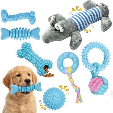 Set di 7 giocattoli da masticare in peluche TPR con fischietto interattivo in gomma per cuccioli, giocattolo anti-noia per cani di piccola taglia. (1/5)
