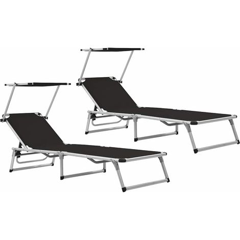 vidaXL Tumbonas plegables con toldo 2 uds aluminio y textilene negro (1/5)