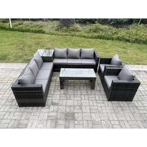 Fimous 8 Seater Rattan Corner Sofa Set With Square Side Table And Oblong Rectangular Coffee Tea Table 2 PC Arm Chair Dark Grey Mixed (1/4)
