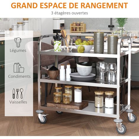 HOMCOM Desserte cuisine 3 étagères acier inox 90,5x50,5x88,2 cm argenté