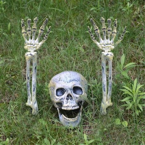 Crâne et bras de squelette d'Halloween, lot de 3. Décorations d'Halloween réalistes en forme de squelette pour intérieur et extérieur, accessoires de fête d'Halloween. (1/4)