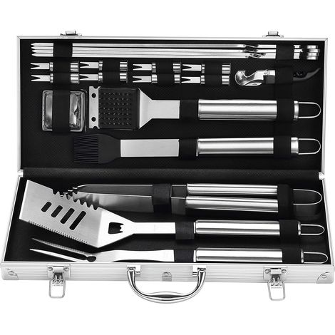 Ustensiles de barbecue durables en acier inoxydable : spatule extra-épaisse, fourchette et pinces. Ensemble complet d’accessoires de barbecue dans une mallette de rangement en aluminium. (1/5)