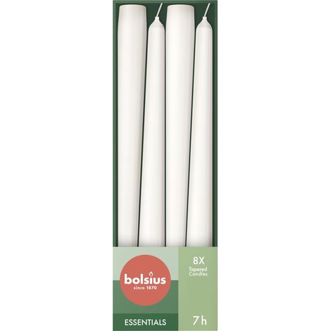 Bolsius Candele affusolate – Bianco – Confezione da 8 – 24,5 cm – Candele decorative per la casa – Durata di 7 ore – Non profumate – Include cera naturale vegana – senza olio di palma (1/5)
