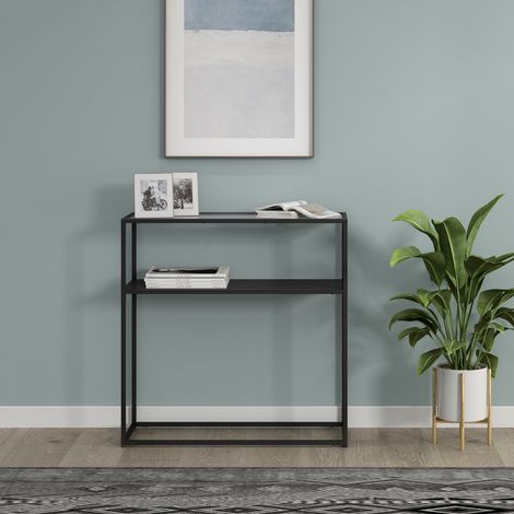 [En.Casa] – Table console industrielle métal et verre trempé 80 x 30 cm – Plateau anti-rayures – Rangement sous tablette – Noir transparent (1/4)