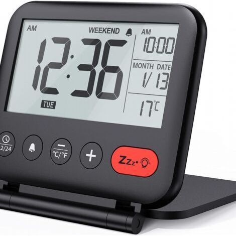 Mini réveil de voyage numérique portable LCD avec calendrier rétroéclairé, affichage 12/24 heures, alimenté par piles (noir). (1/5)