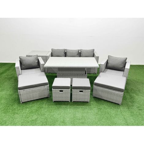 Fimous 9 PCs Rising Dining Table Set Rattan Furniture Set with 3 Seater Sofa Chair 2 Big Footstools 2 Small Footstools Side Table Light Grey (1/5)